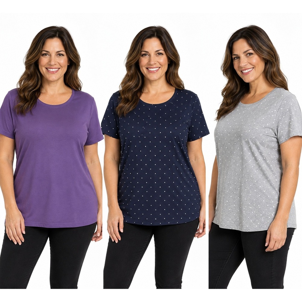 Croft & Barrow Classic Tee 3 Pack Womens 1X Purple Navy Grey Polka Dot Cotton